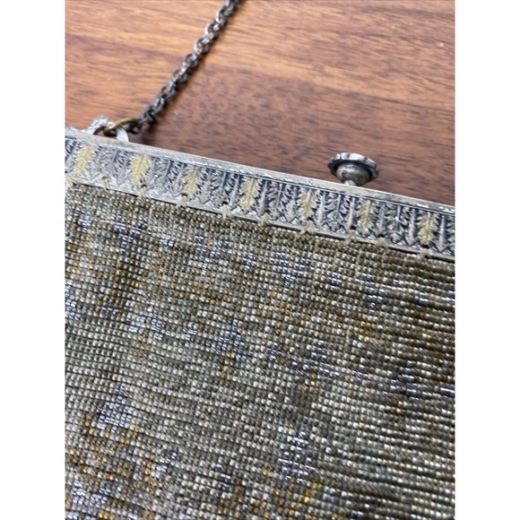 Vintage Bead Bag Carved Metal Frame Purse Silver Fringe Art Deco Handbag Antique - Picture 5 of 10